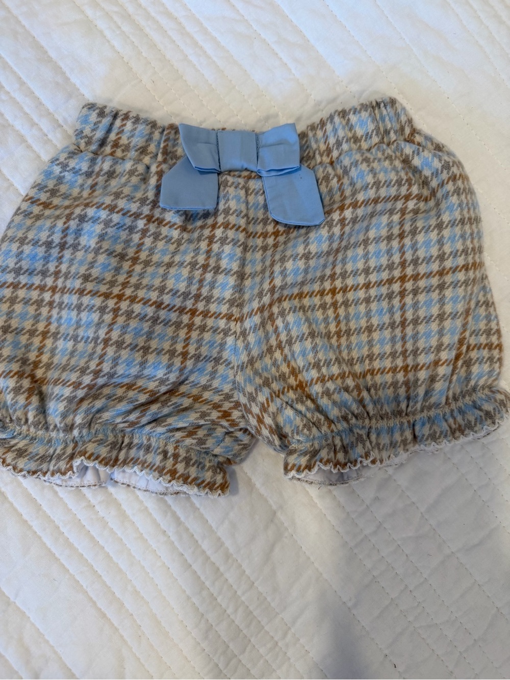 The Beaufort Bonnet Company Blue and Brown Plaid Bubble Shorts with Bow